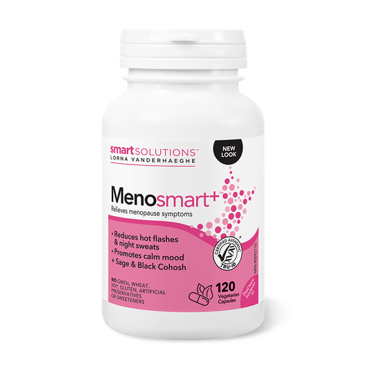Menopause supplement bottle labeled 'MenoSmart+' on a white background