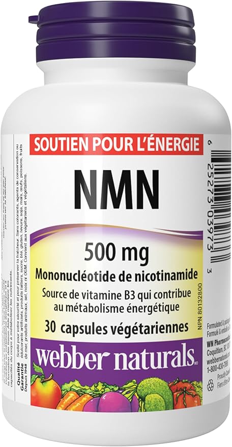 Webber Naturals NMN Supplement white bottle with purple cap.  30 vegetarian capsules french Canadian label version natvd