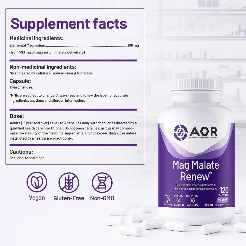 AOR Mag Malate Renew Magnesium Malate 120 Vegetarian Capsules