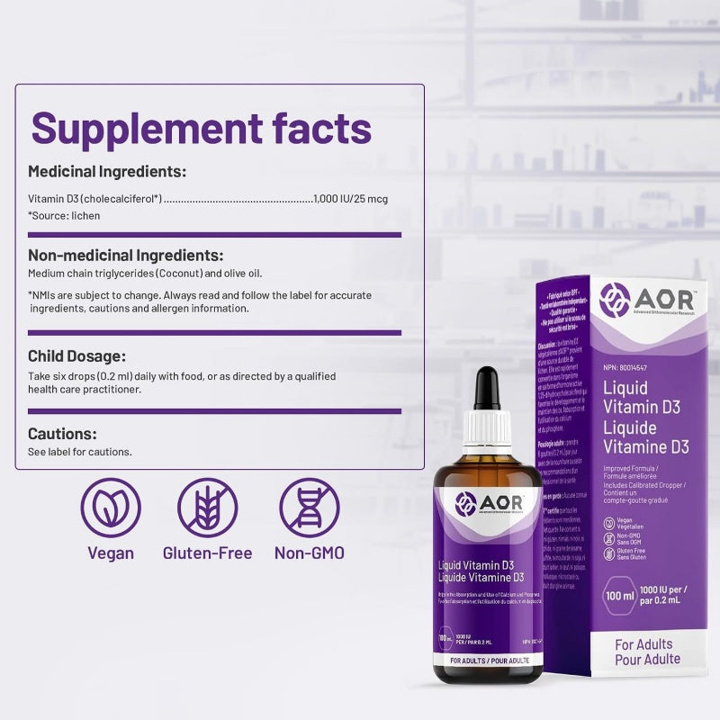 AOR Vitamin D3 Liquid Drops 1000 IU for Adults, 100 ml