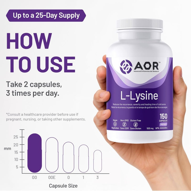 AOR L-Lysine 500mg 150 vegi capsules
