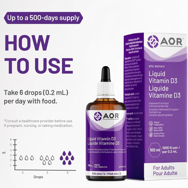 AOR Vitamin D3 Liquid Drops 1000 IU for Adults, 100 ml