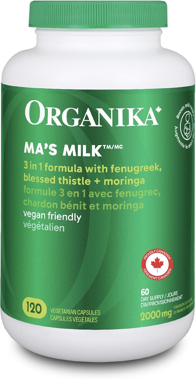 Organika Ma's Milk supplement bottle with green cap and label