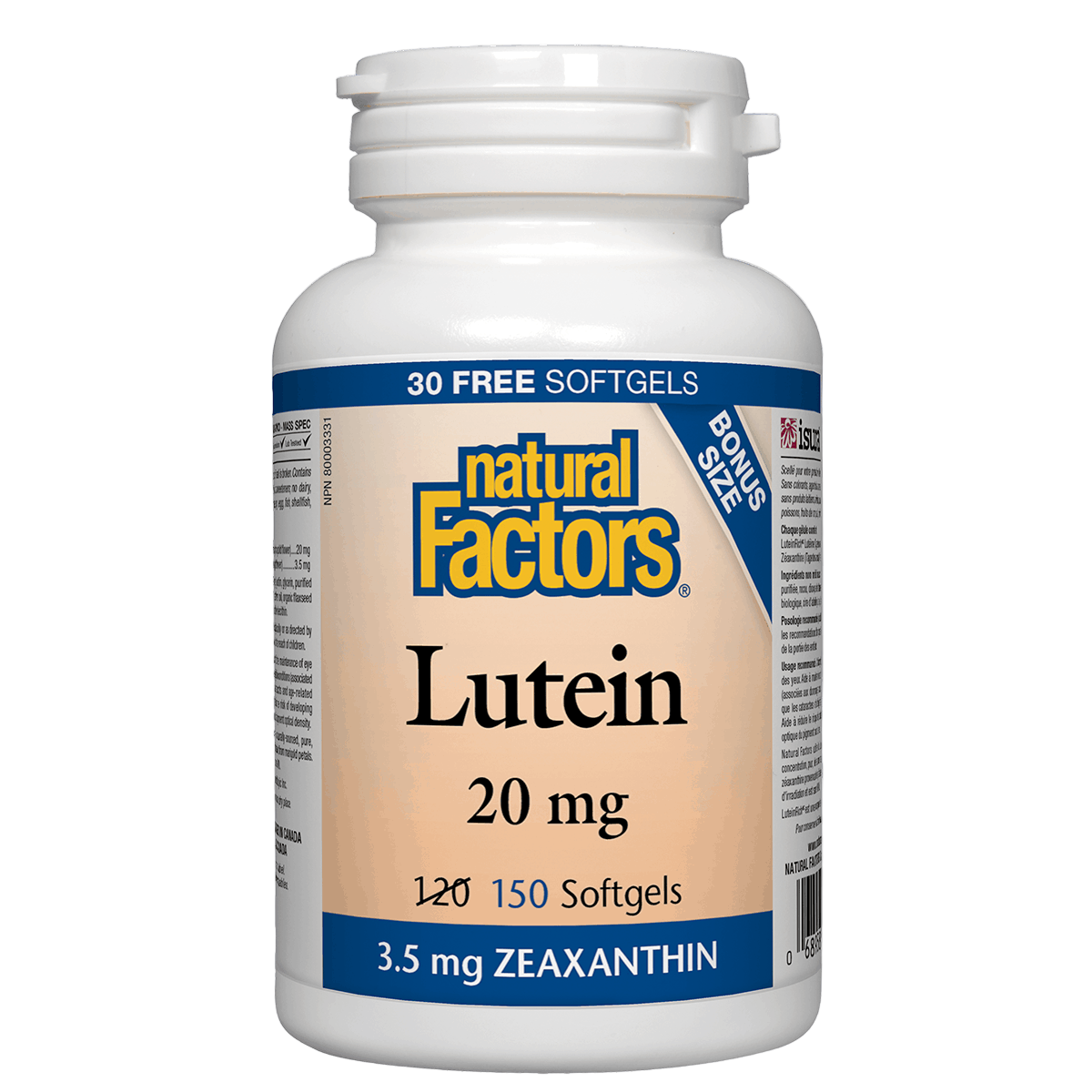 Bottle of Natural Factors Lutein supplement on a white background