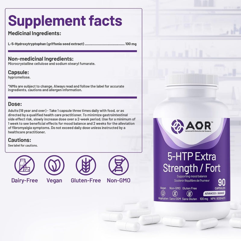 AOR 5-HTP 超强配方 90粒素食胶囊 缓解抑郁和焦虑 改善睡眠