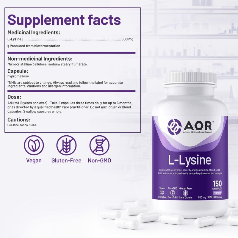 AOR L-Lysine 500mg 150 vegi capsules