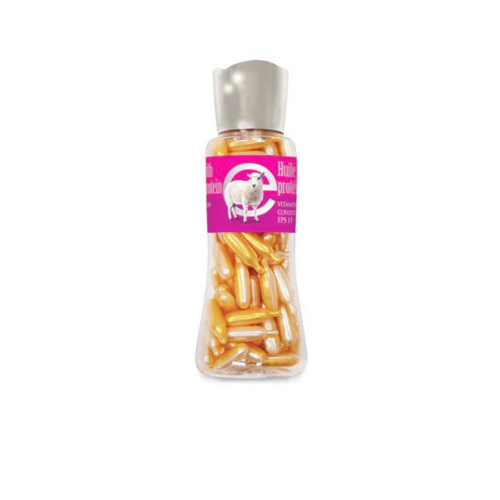 Bottle of capsules with a pink label on a white background