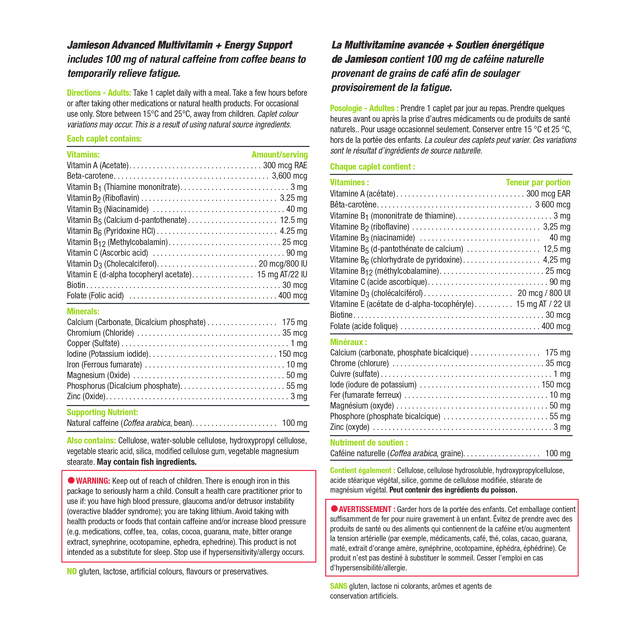 Jamieson Advanced Multivitamin & Energy Support, 90 caplets label information
