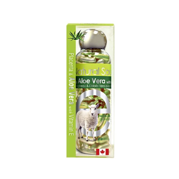 A bottle of Aloe Vera with placenta and vitamin E on a white background