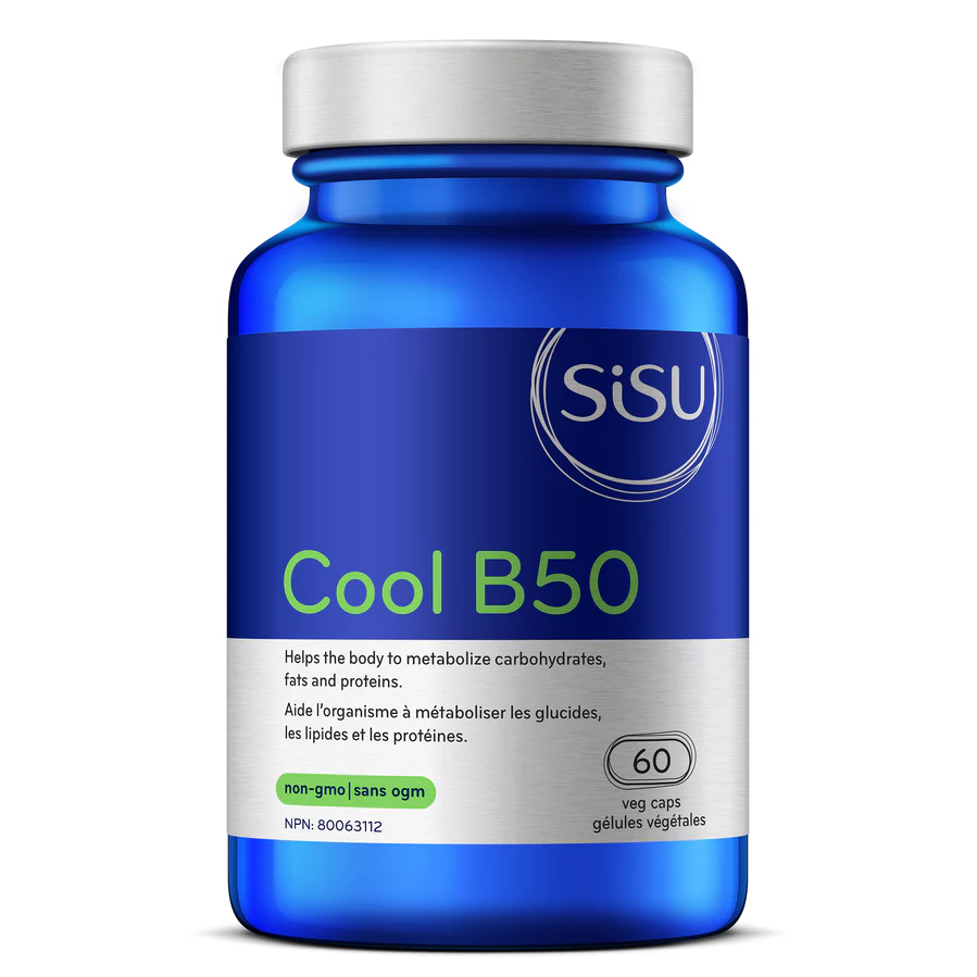 Blue supplement bottle labeled 'Cool B50' by SISU on a white background Canadian label natvd.com
