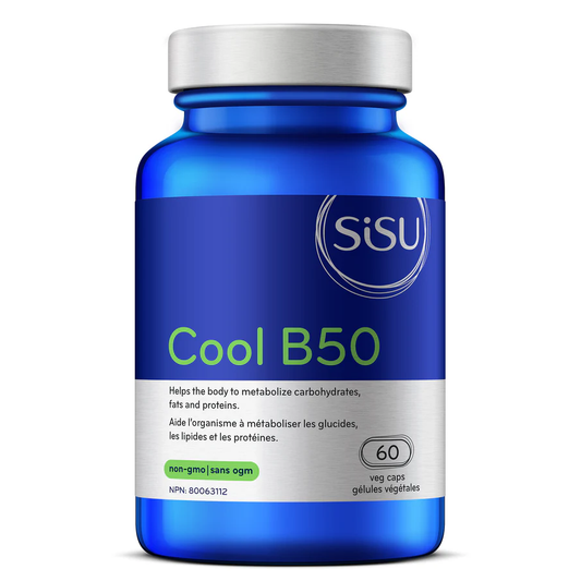 Blue supplement bottle labeled 'Cool B50' by SISU on a white background Canadian label natvd.com
