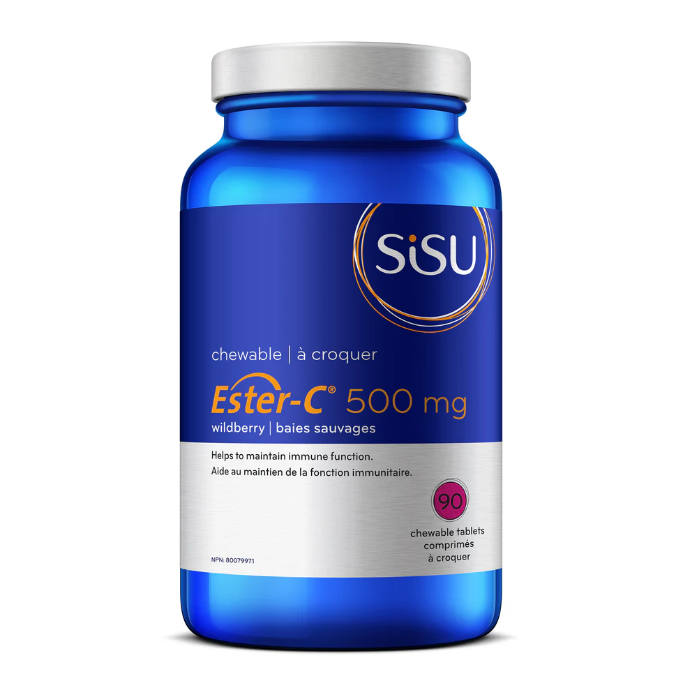 Blue SISU Ester-C supplement bottle on a white background Natural Vitamin Direct Inc