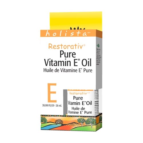 Holista Restorativ Pure Vitamin E Oil packaging on a white background