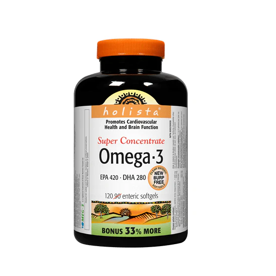Holista Super Concentrate Omega-3 supplement bottle on a white background