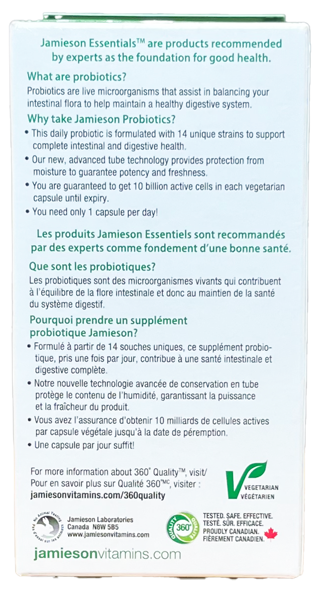 Jamieson Essentials Probiotic 10 Billion Active Cells, 150 Veg capsules back panel