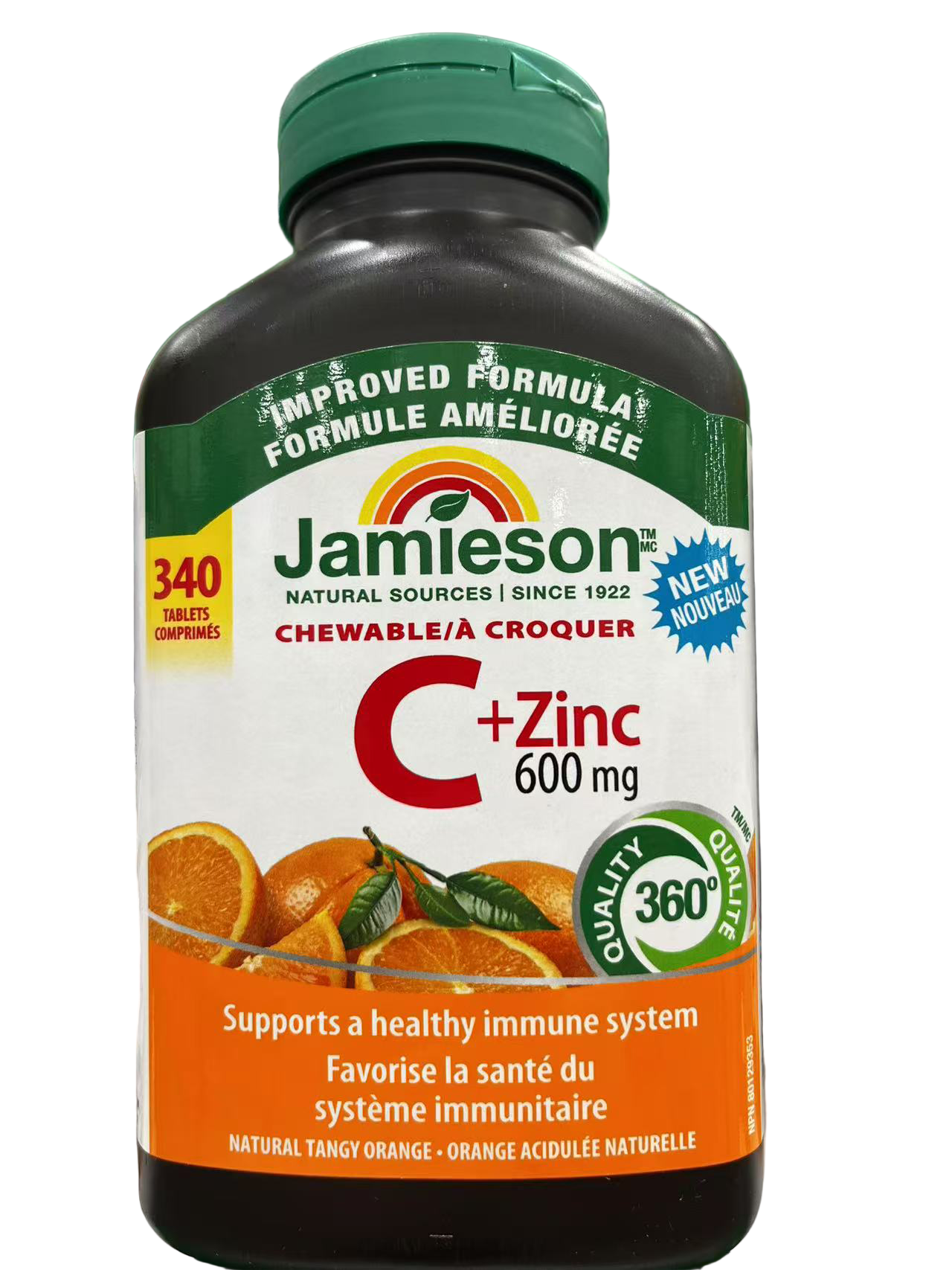 Jamieson C+Zinc 600 mg 340 tablets supplement bottle with oranges on a white background