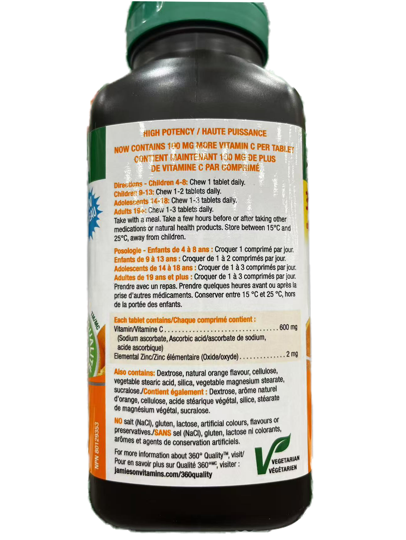Vitamin supplement bottle with label instructions on a white background