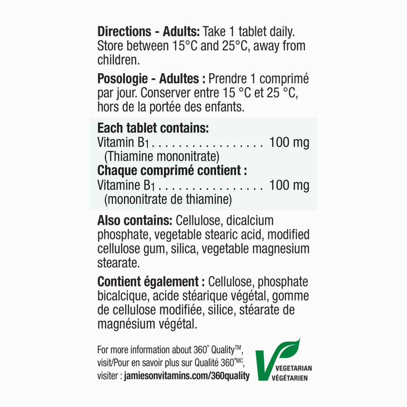 Jamieson Vitamin B1 (Thiamine)100 mg 100 tablets
