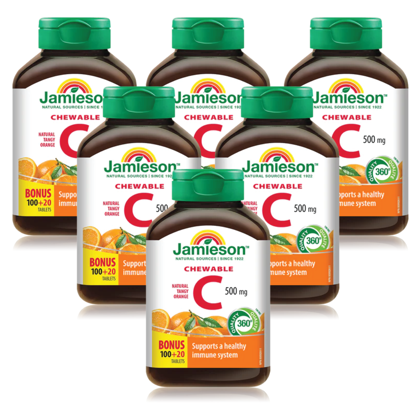 6 Pack x Jamieson Chewable Vitamin C, Tangy Orange, 500 mg, 100 tablets + 20 FREE BONUS
