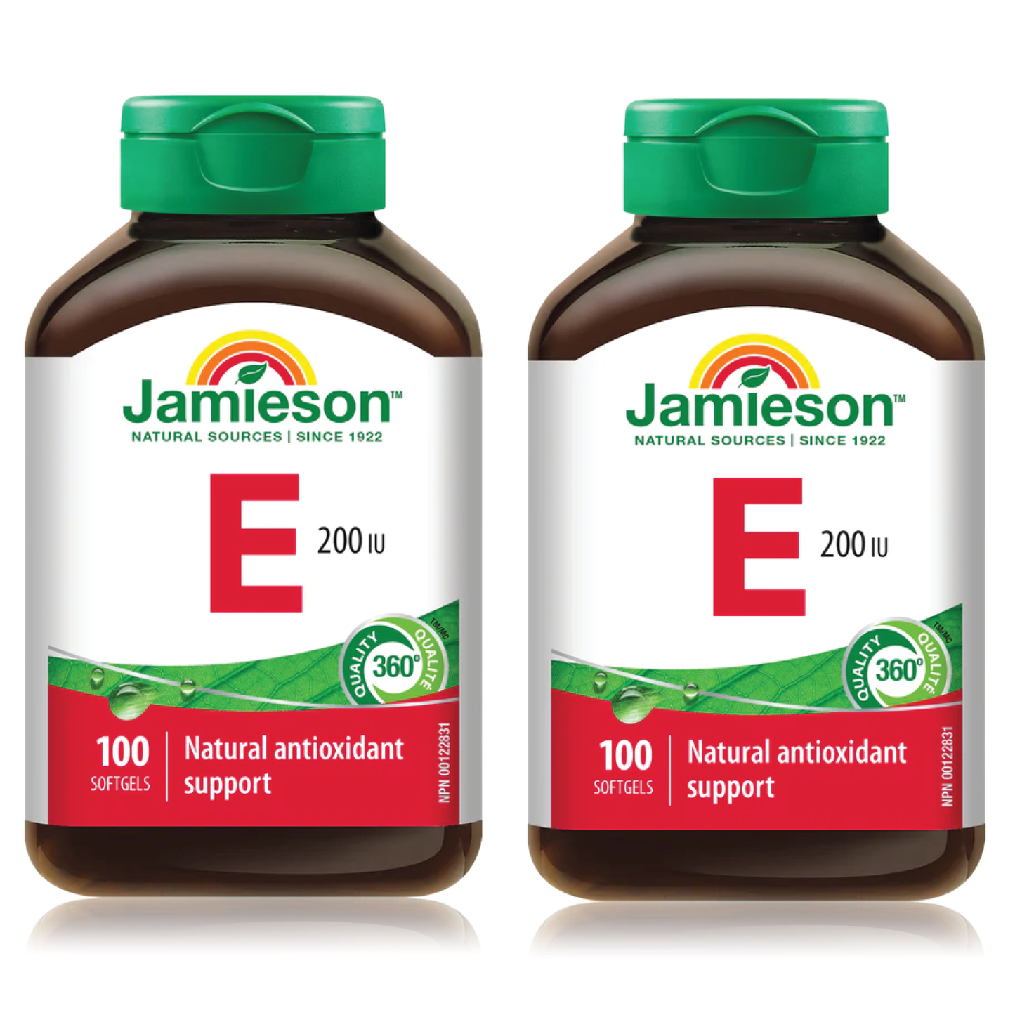 Two bottles of Jamieson Vitamin E supplements on a white background