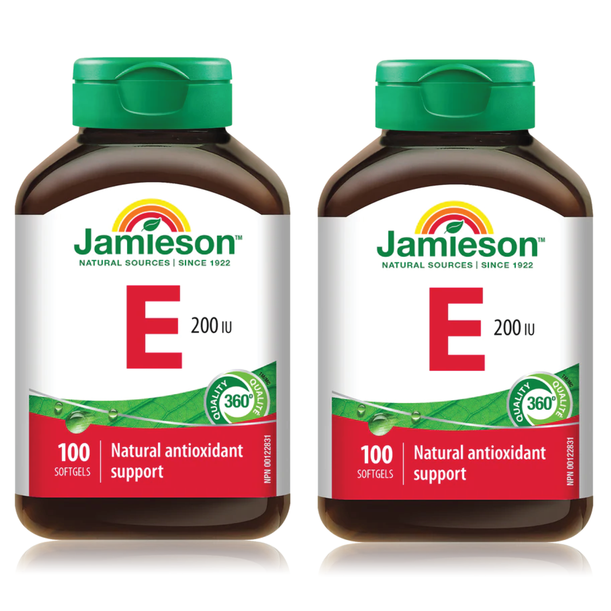 Two bottles of Jamieson Vitamin E supplements on a white background
