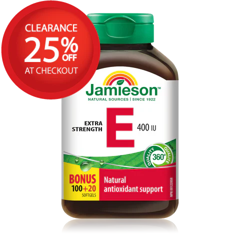 Jamieson Extra Strength Vitamin E supplement bottle with a clearance label on a white background