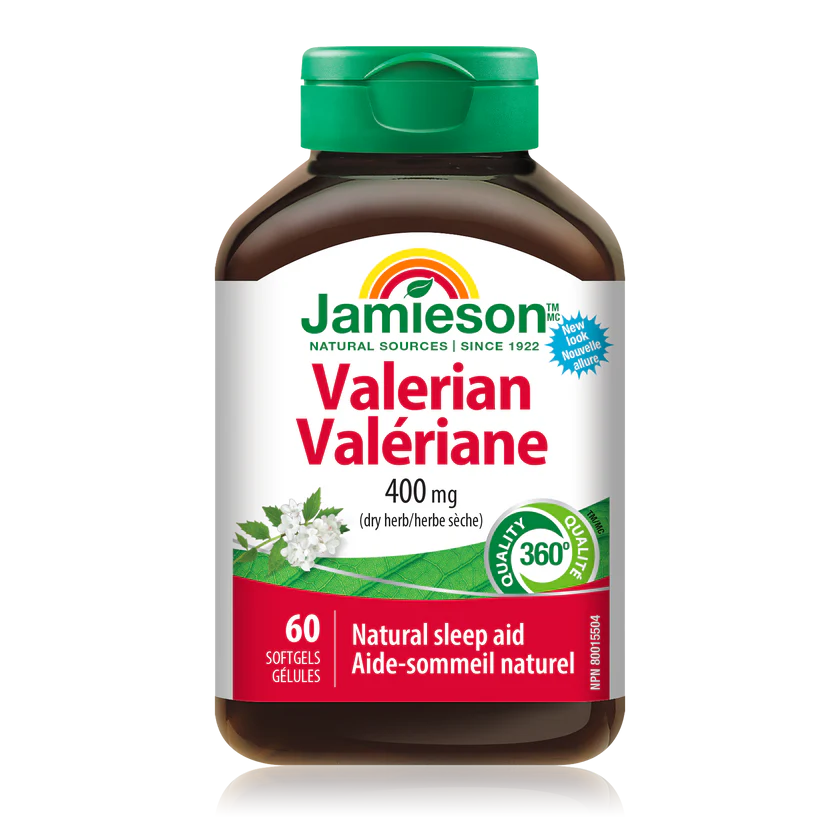 Jar of Jamieson Valerian supplement on a white background 健美生 Jamieson Valerian 60 softgels Canada