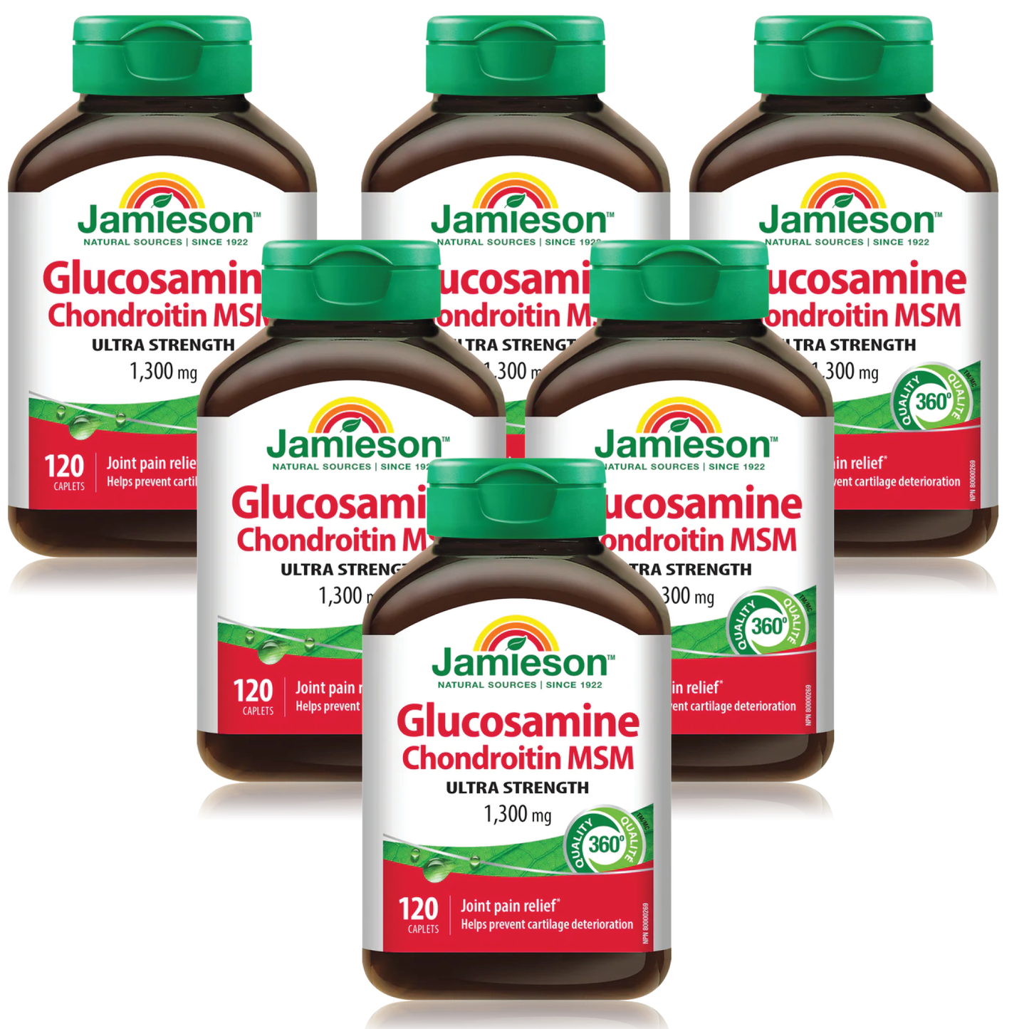 Multiple bottles of Jamieson Glucosamine Chondroitin MSM supplement on a white background