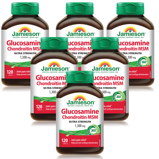 Multiple bottles of Jamieson Glucosamine Chondroitin MSM supplement on a white background