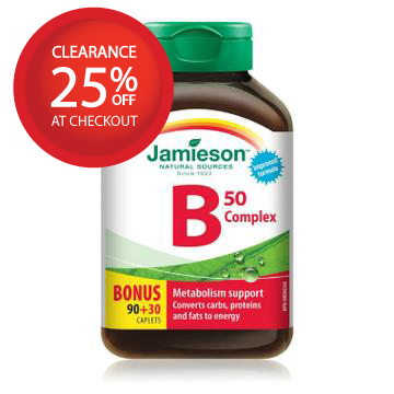 【clearance】Jamieson Vitamin B Complex, 50 mg, 90+30 Caplets EXP JAN 2026
