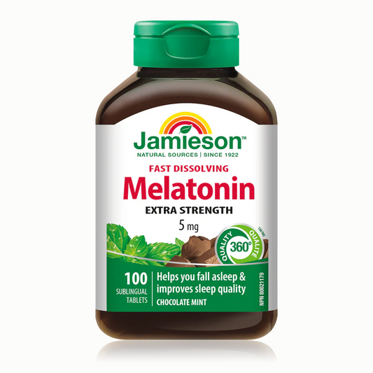 Bottle of Jamieson Melatonin Extra Strength on a white background