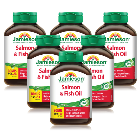6 x Jamieson Salmon and Fish Oils Omega-3 Complex, 150+50 BONUS softgels Bundle
