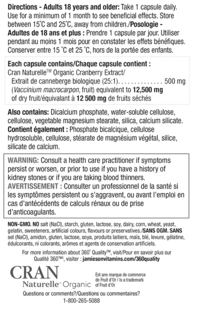 Product label with text and branding for Cran Naturelle Organic supplement. 5/2026 natvd Jamieson Organic Cranberry
