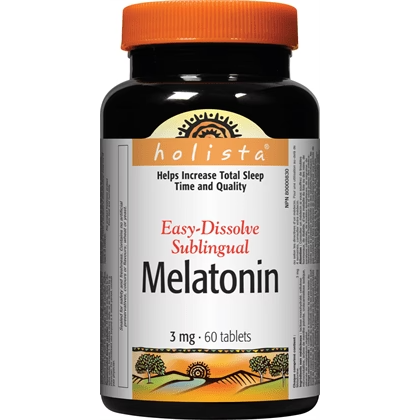 Holista Melatonin supplement bottle on a white background Natural Vitamin Direct Inc
