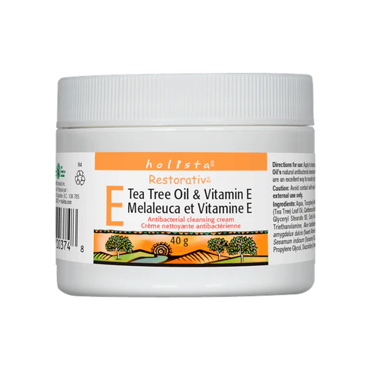 Jar of Holista Restorativ Tea Tree Oil & Vitamin E cream on a white background