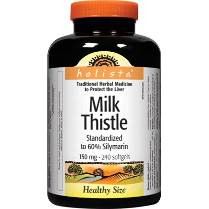 Bottle of Holista Milk Thistle 150 mgsupplement on a white background Canadian label natural vitamin direct shop from Canada
