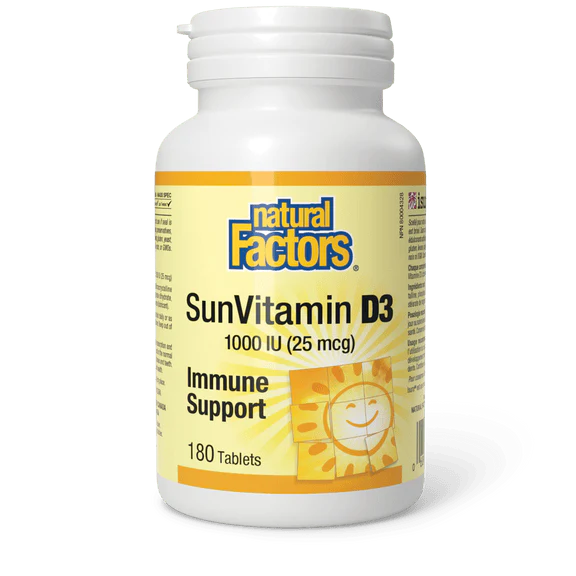 SunVitamin D3 supplement bottle with Natural Factors label on a white background Natural Vitamin Direct Inc