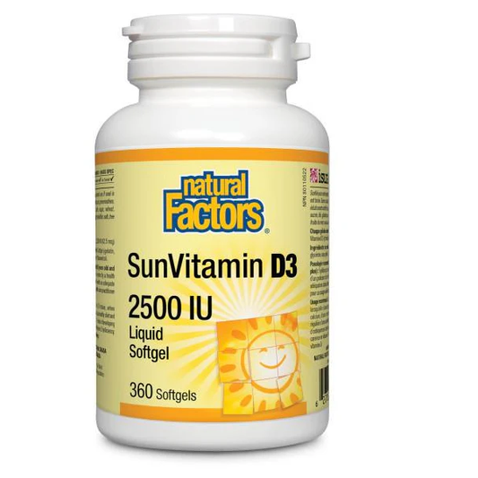 Bottle of Natural Factors SunVitamin D3 2500 IU on a white background