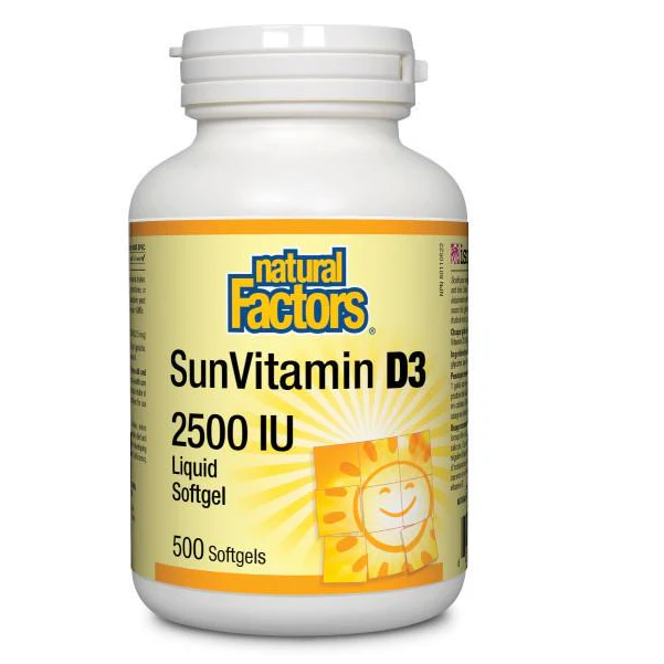 Bottle of Natural Factors SunVitamin D3 2500 IU on a white background natvd natural vitamin direct 