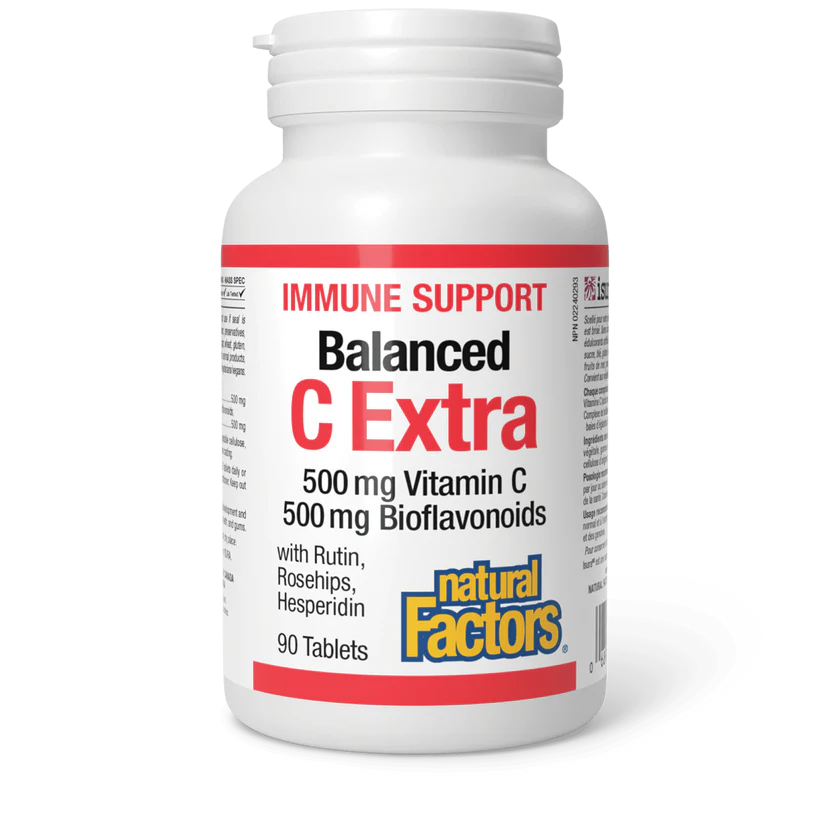 Bottle of Balanced C Extra supplement with 'Natural Factors' branding on a white background available online natvd.com Canada