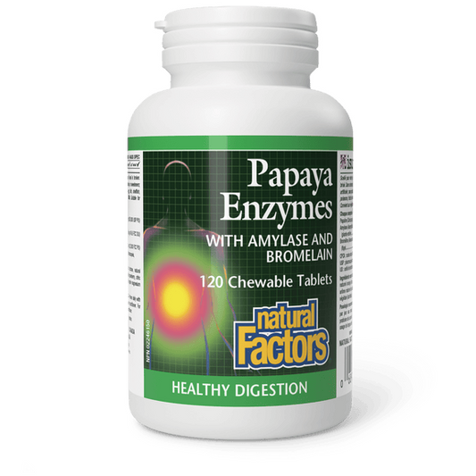 Bottle of Papaya Enzymes with Amylase and Bromelain by Natural Factors on a white background