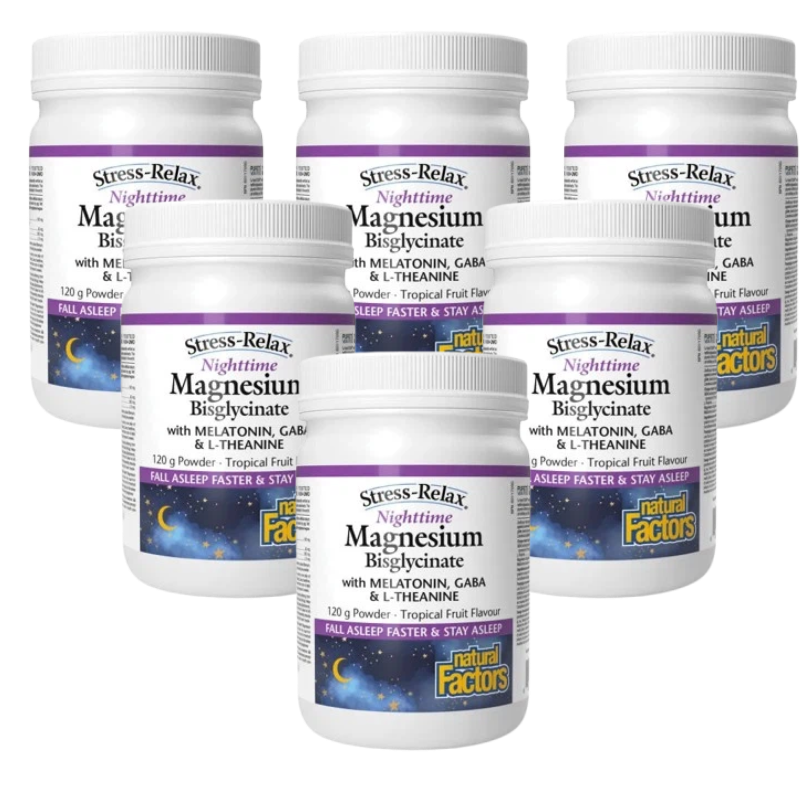 6 x Natural Factors, Stress Relax, Nighttime Magnesium Bisglycinate, 120g Bundle