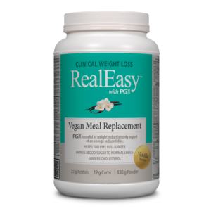 RealEasy Vegan Meal Replacement powder container on a white background