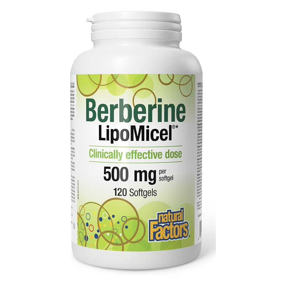 Berberine LipoMiel supplement bottle with green and white label on a white background