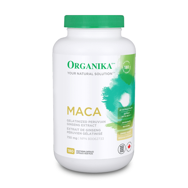 Organika Maca supplement bottle on a white background