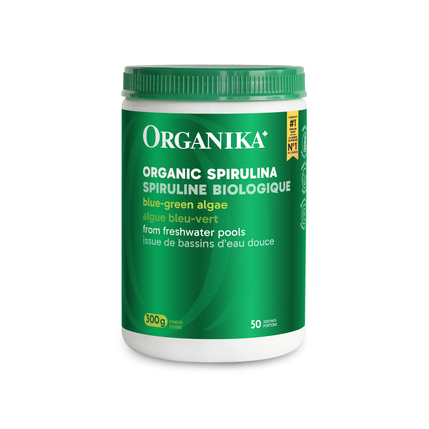 Organika Organic Spirulina supplement container on a white background