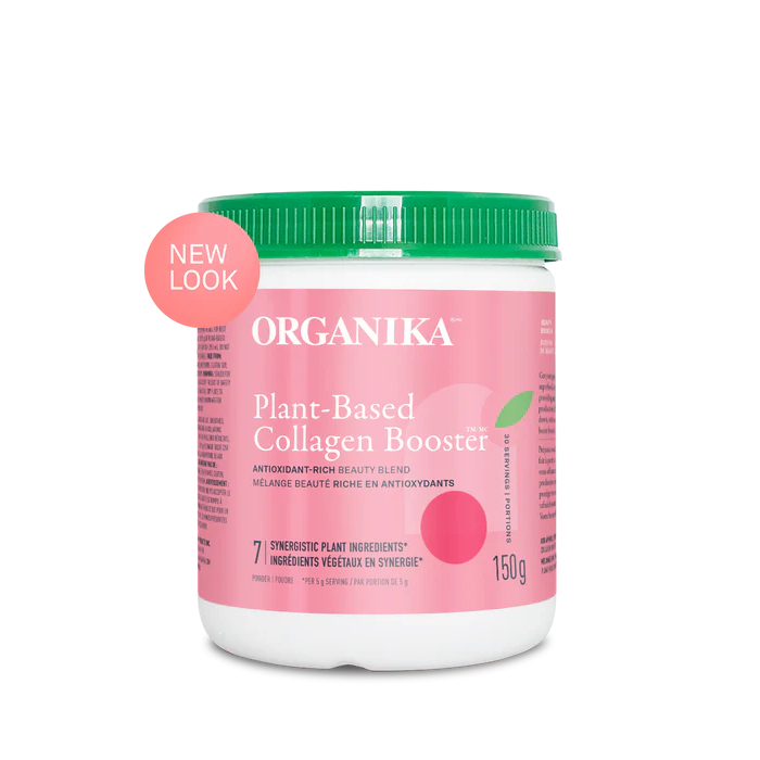 Organika plant-based collagen booster container with pink label and green lid on a white background