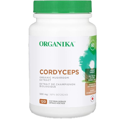 Organika Cordyceps supplement bottle on a white background