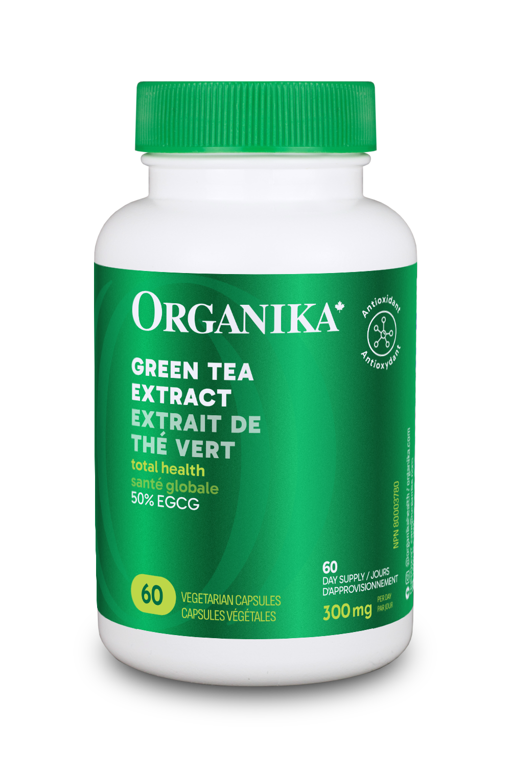 A bottle of Organika Green Tea Extract 300mg with 60 vegetarian capsules.