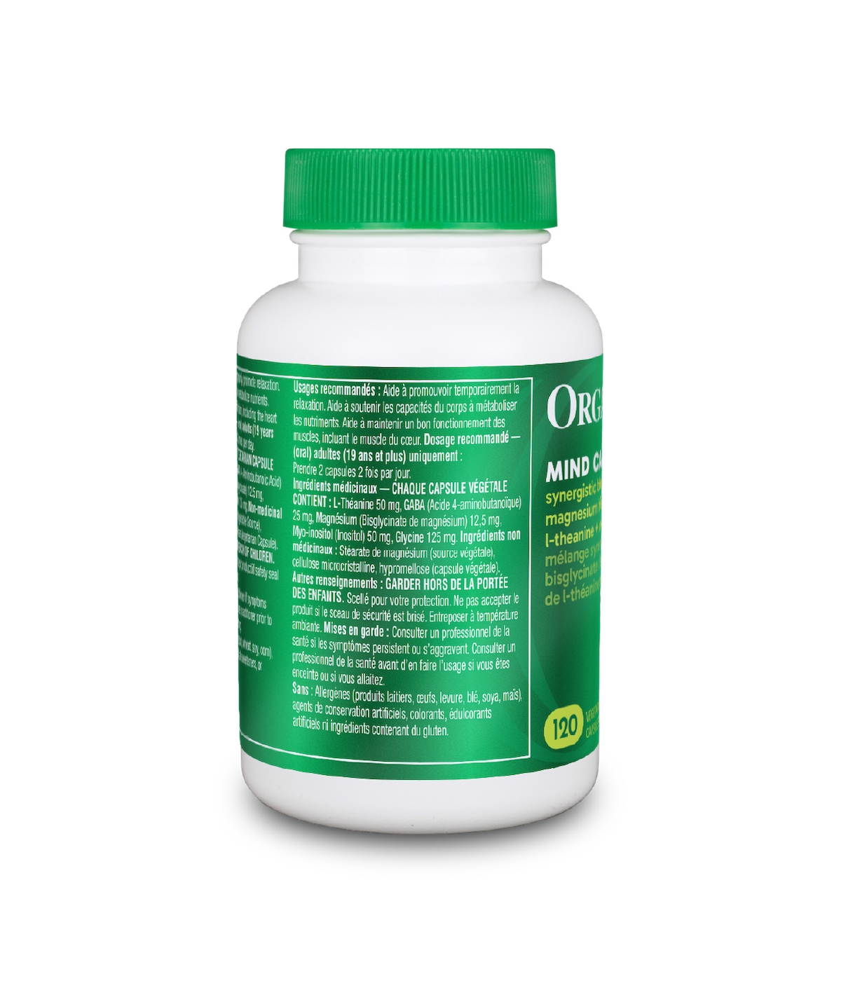 Supplement bottle with green cap and label on a white background Organika Mind Calm 120 vegetable capsules